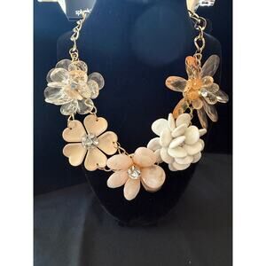 Bocar statement necklace made of acrylic flowers on a gold tone chain 16-18”